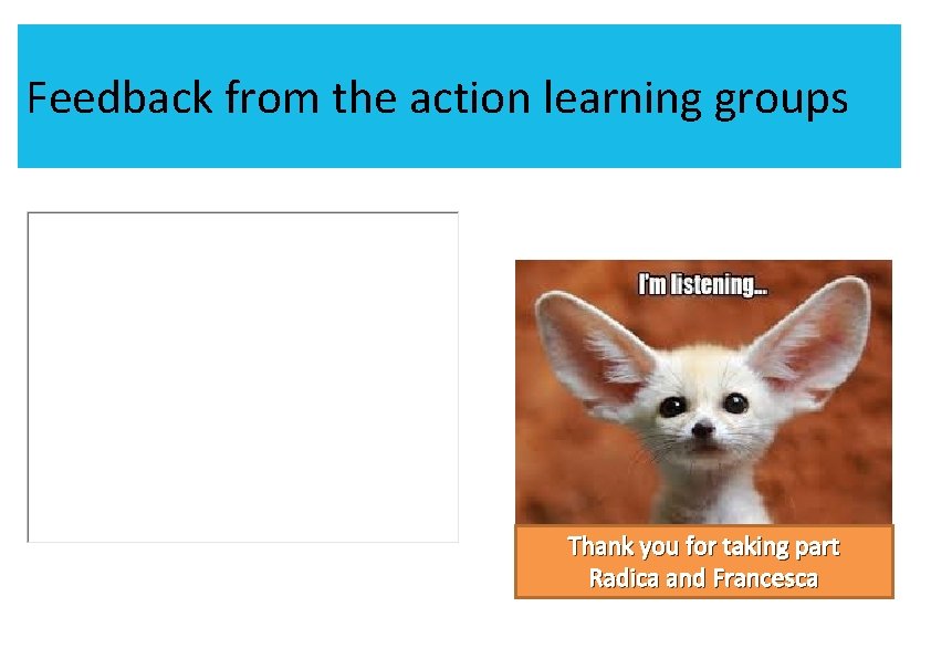 Feedback from the action learning groups Capturing your reflection Thank you for taking part