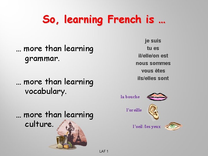 So, learning French is … je suis tu es il/elle/on est nous sommes vous