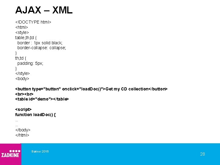 AJAX – XML <!DOCTYPE html> <style> table, th, td { border : 1 px