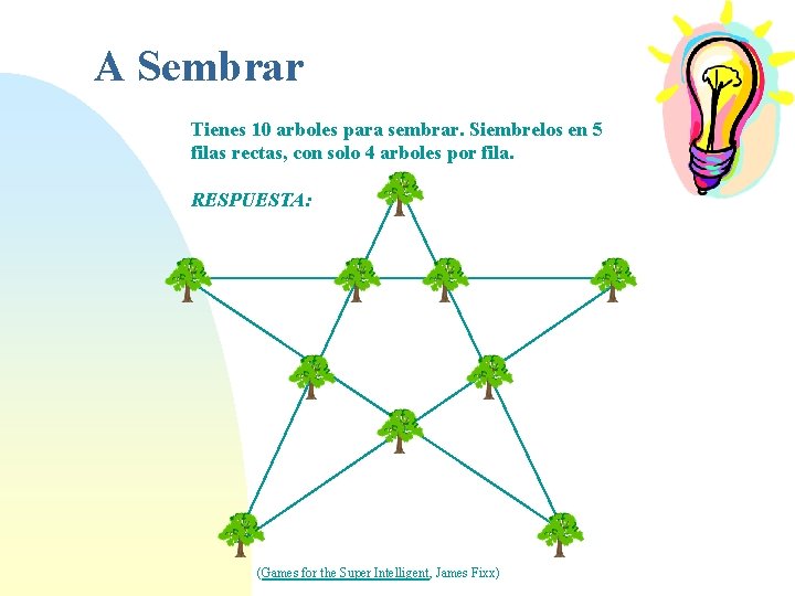 A Sembrar Tienes 10 arboles para sembrar. Siembrelos en 5 filas rectas, con solo