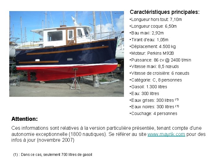 Caractéristiques principales: • Longueur hors tout: 7, 10 m • Longueur coque: 6, 50
