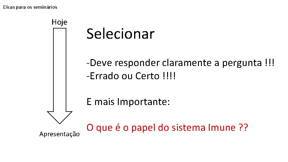 Dicas para os seminários Hoje Selecionar -Deve responder claramente a pergunta !!! -Errado ou