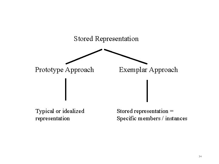 Stored Representation Prototype Approach Typical or idealized representation Exemplar Approach Stored representation = Specific