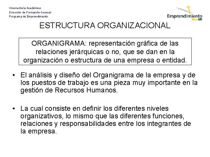 Vicerrectoría Académica Dirección de Formación General Programa de Emprendimiento ESTRUCTURA ORGANIZACIONAL ORGANIGRAMA: representación gráfica Vicerrectoría Académica Dirección de Formación General Programa de Emprendimiento ESTRUCTURA ORGANIZACIONAL ORGANIGRAMA: representación gráfica
