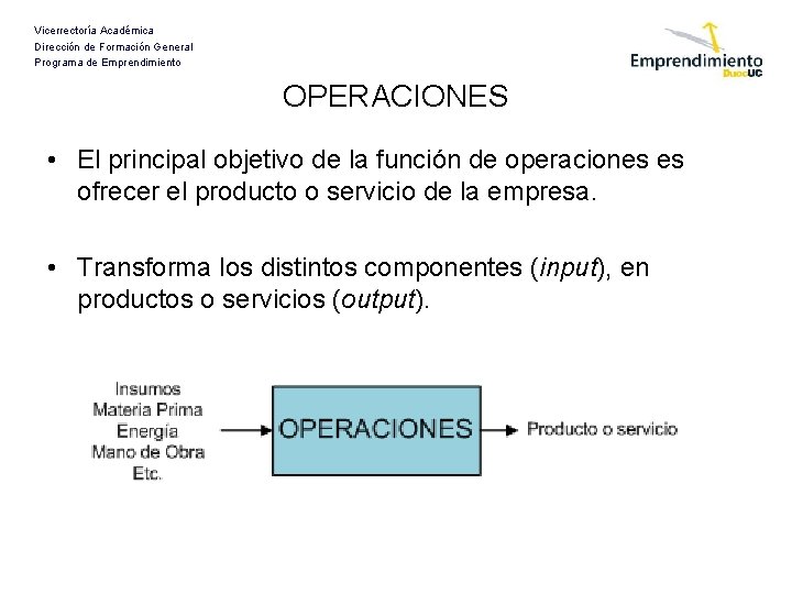 Vicerrectoría Académica Dirección de Formación General Programa de Emprendimiento OPERACIONES • El principal objetivo