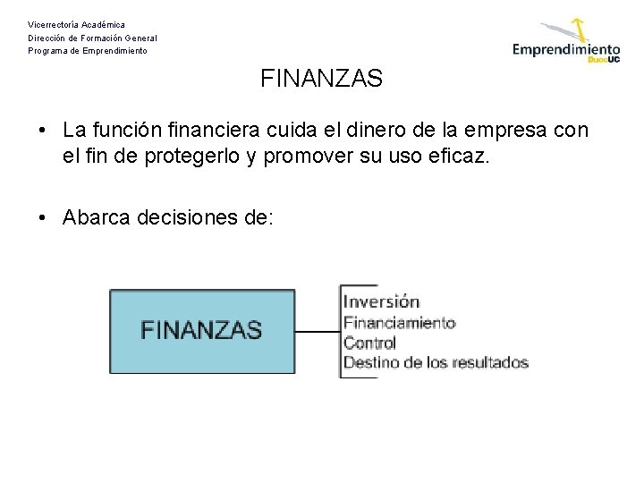 Vicerrectoría Académica Dirección de Formación General Programa de Emprendimiento FINANZAS • La función financiera