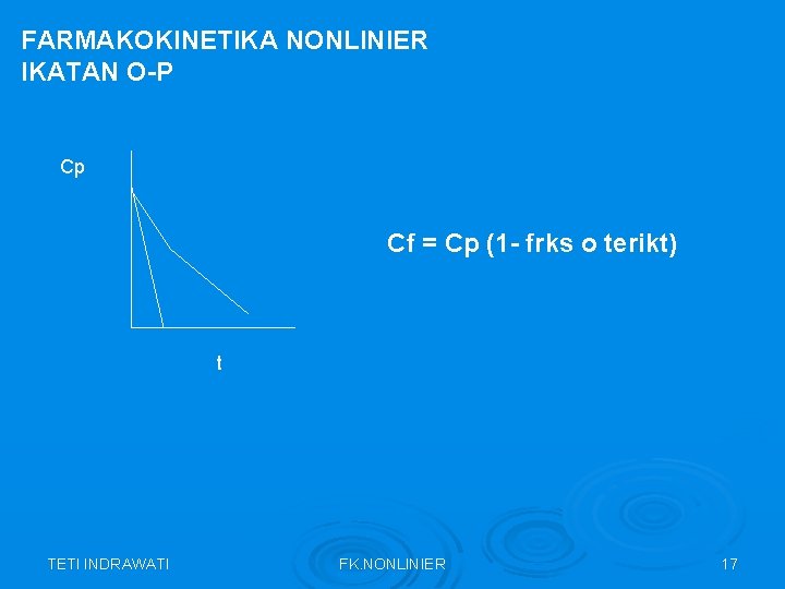 FARMAKOKINETIKA NONLINIER IKATAN O-P Cp Cf = Cp (1 - frks o terikt) t