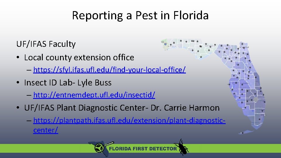 Reporting a Pest in Florida UF/IFAS Faculty • Local county extension office – https: