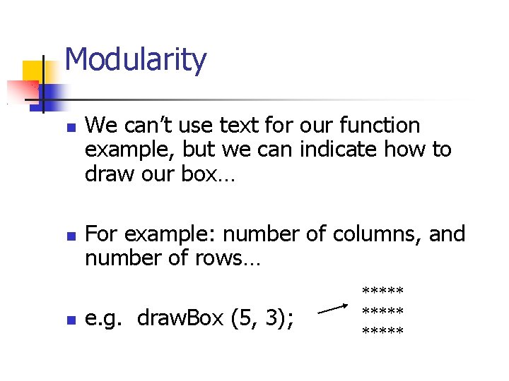 Modularity We can’t use text for our function example, but we can indicate how