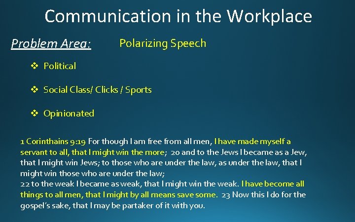 Communication in the Workplace Problem Area: Polarizing Speech v Political v Social Class/ Clicks