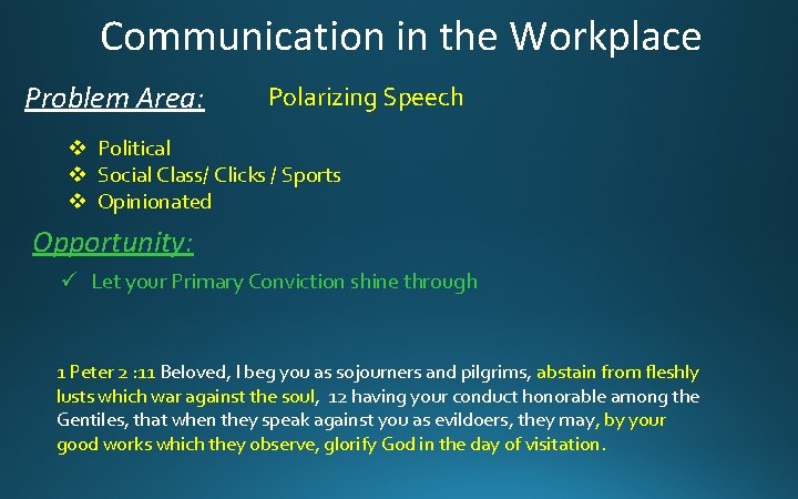 Communication in the Workplace Problem Area: Polarizing Speech v Political v Social Class/ Clicks