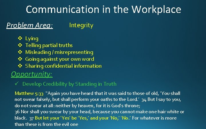 Communication in the Workplace Problem Area: v v v Integrity Lying Telling partial truths