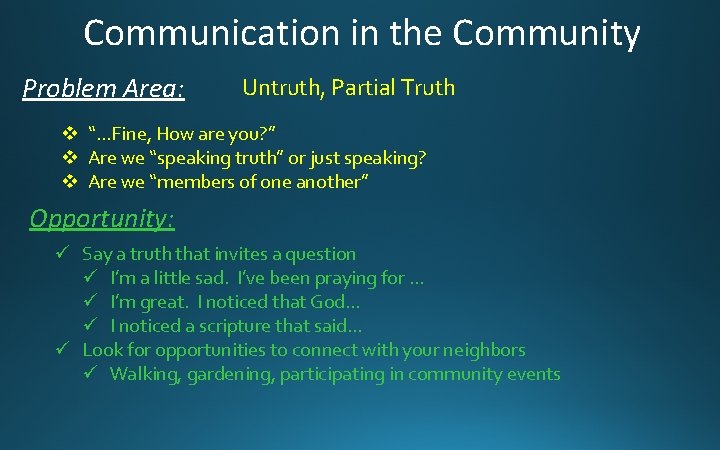 Communication in the Community Problem Area: Untruth, Partial Truth v “…Fine, How are you?
