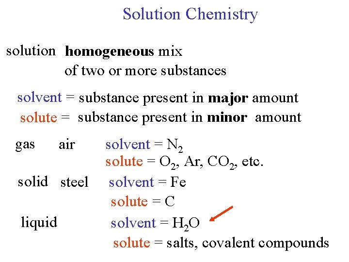 Solution Chemistry solution homogeneous mix of two or more substances solvent = substance present