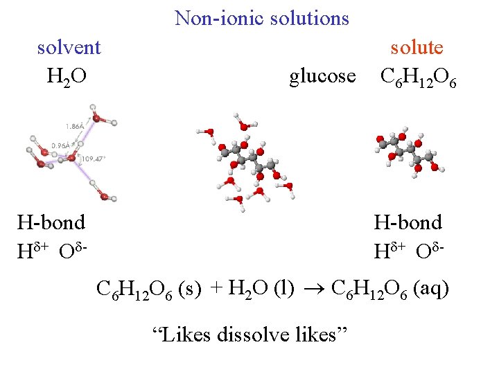 Non-ionic solutions solvent H 2 O glucose H-bond H + O - solute C Non-ionic solutions solvent H 2 O glucose H-bond H + O - solute C