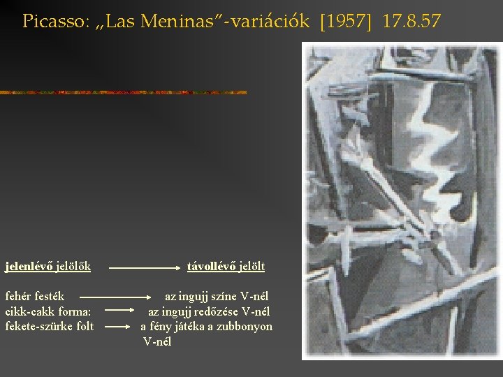 Picasso: „Las Meninas”-variációk [1957] 17. 8. 57 jelenlévő jelölők fehér festék cikk-cakk forma: fekete-szürke