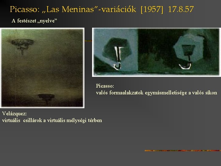 Picasso: „Las Meninas”-variációk [1957] 17. 8. 57 A festészet „nyelve” Picasso: valós formaalakzatok egymásmelletisége