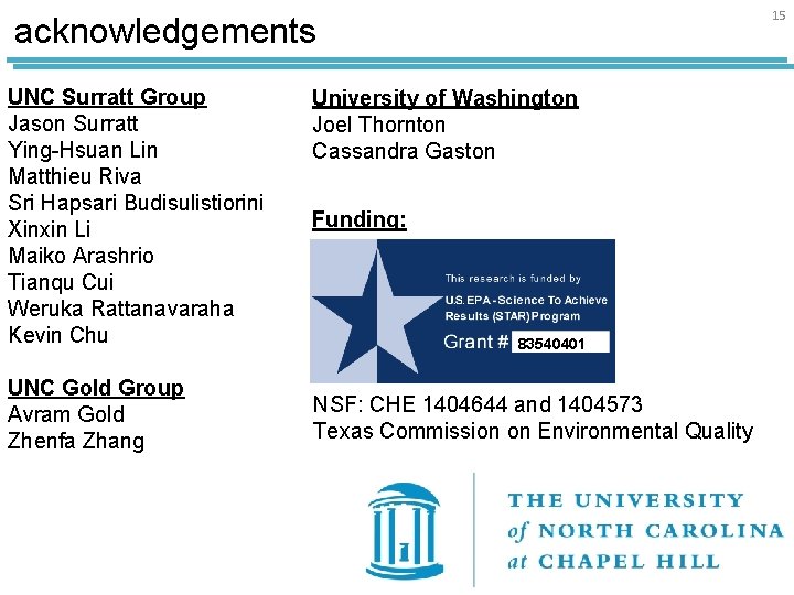 15 acknowledgements UNC Surratt Group Jason Surratt Ying-Hsuan Lin Matthieu Riva Sri Hapsari Budisulistiorini