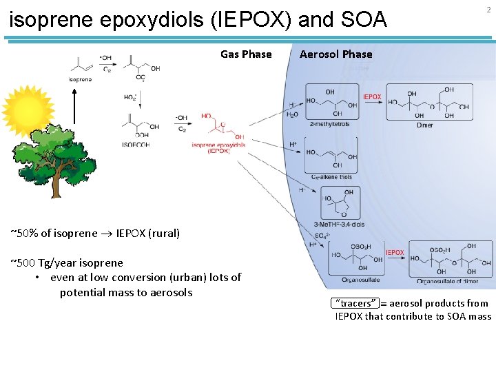 isoprene epoxydiols (IEPOX) and SOA Gas Phase 2 Aerosol Phase ~50% of isoprene IEPOX