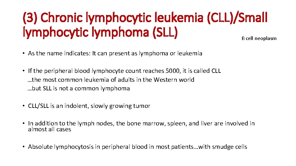 (3) Chronic lymphocytic leukemia (CLL)/Small lymphocytic lymphoma (SLL) B cell neoplasm • As the (3) Chronic lymphocytic leukemia (CLL)/Small lymphocytic lymphoma (SLL) B cell neoplasm • As the