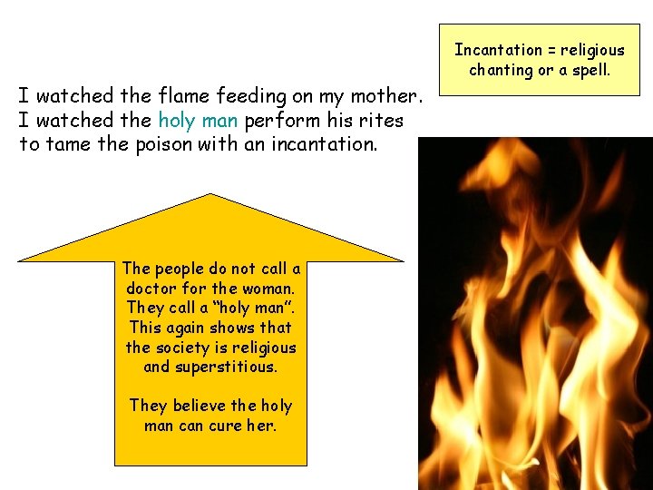 Incantation = religious chanting or a spell. I watched the flame feeding on my Incantation = religious chanting or a spell. I watched the flame feeding on my