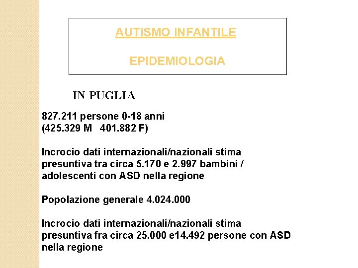 AUTISMO INFANTILE EPIDEMIOLOGIA IN PUGLIA 827. 211 persone 0 -18 anni (425. 329 M