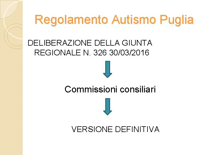 Regolamento Autismo Puglia DELIBERAZIONE DELLA GIUNTA REGIONALE N. 326 30/03/2016 Commissioni consiliari VERSIONE DEFINITIVA