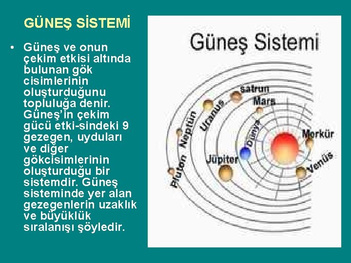 GÜNEŞ SİSTEMİ • Güneş ve onun çekim etkisi altında bulunan gök cisimlerinin oluşturduğunu topluluğa