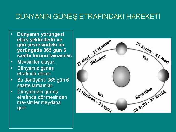 DÜNYANIN GÜNEŞ ETRAFINDAKİ HAREKETİ • Dünyanın yörüngesi elips şeklindedir ve gün çevresindeki bu yörüngede