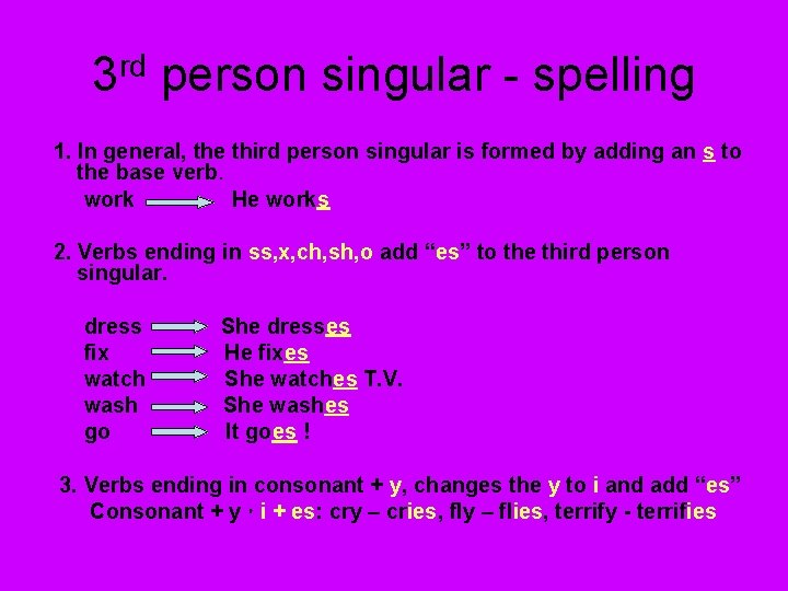 3 rd person singular - spelling 1. In general, the third person singular is