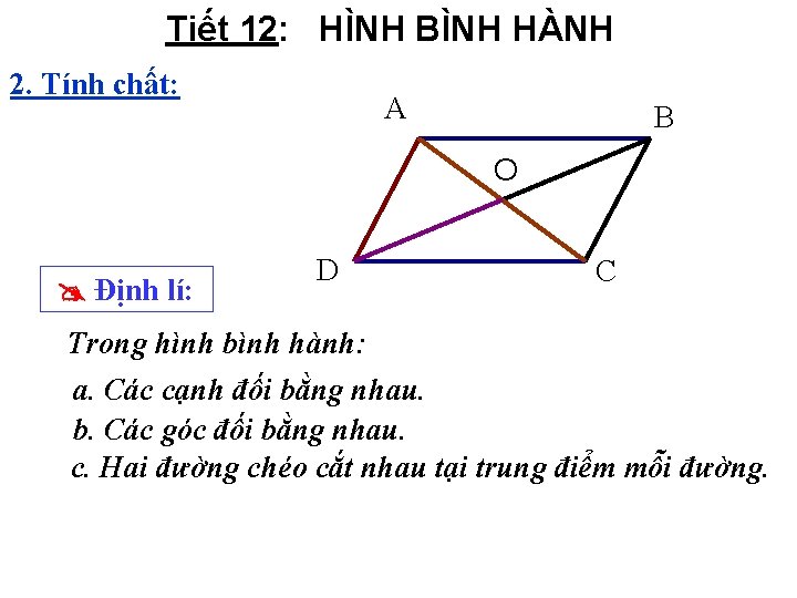Tiết 12: HÌNH BÌNH HÀNH 2. Tính chất: A B O Định lí: D