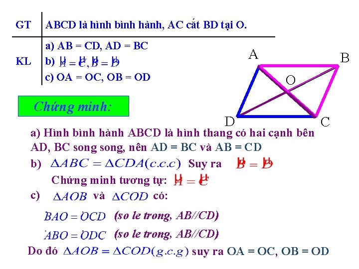 GT ABCD là hình bình hành, AC cắt BD tại O. KL a) AB