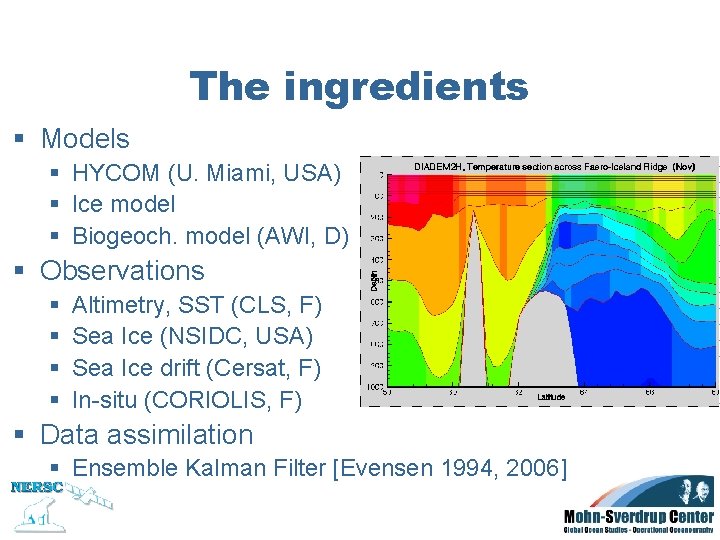 The ingredients § Models § HYCOM (U. Miami, USA) § Ice model § Biogeoch.