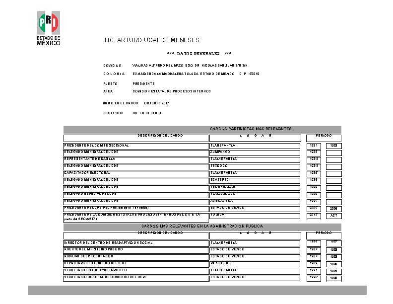 LIC ARTURO UGALDE MENESES DATOS GENERALES DOMICILIO VIALIDAD