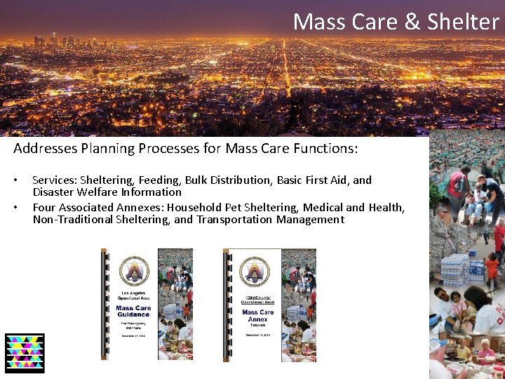 Mass Care & Shelter Addresses Planning Processes for Mass Care Functions: • • Services: