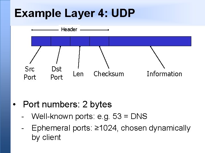 Example Layer 4: UDP Header Src Port Dst Port Len Checksum Information • Port