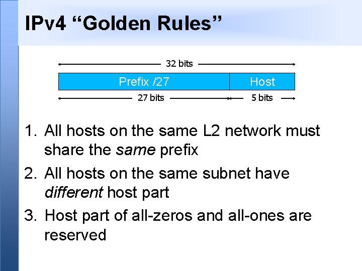 IPv 4 “Golden Rules” 32 bits Prefix /27 27 bits Host 5 bits 1.
