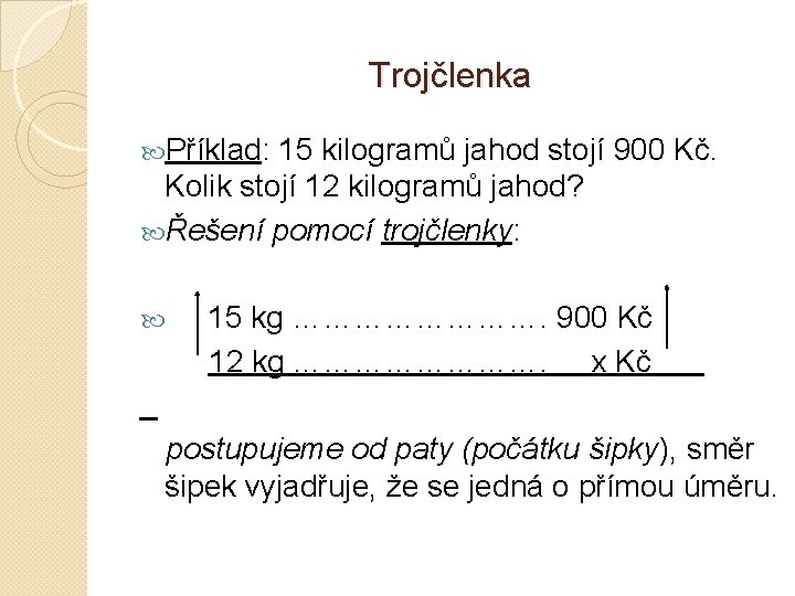 Trojčlenka Příklad: 15 kilogramů jahod stojí 900 Kč. Kolik stojí 12 kilogramů jahod? Řešení