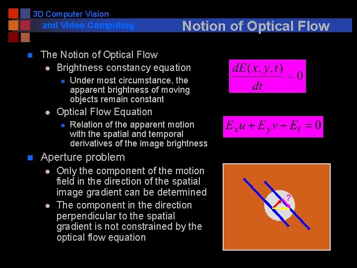 3 D Computer Vision and Video Computing n The Notion of Optical Flow l