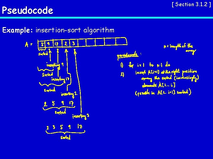 Pseudocode Example: insertion-sort algorithm [ Section 3. 1. 2 ] 