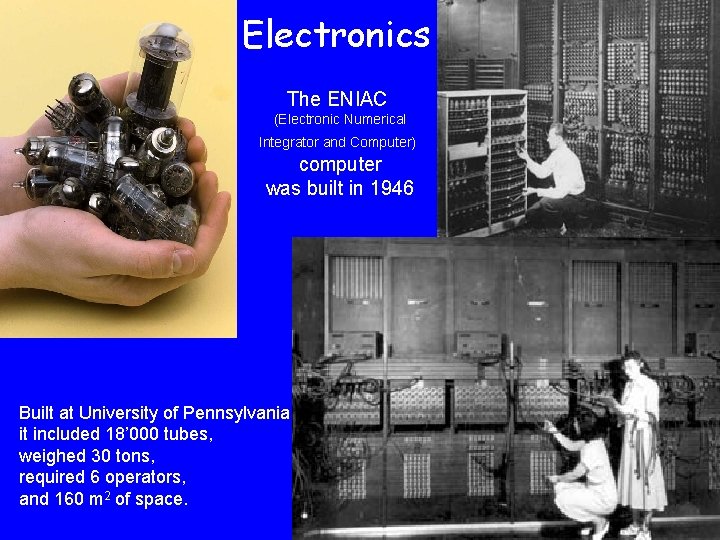 Electronics The ENIAC (Electronic Numerical Integrator and Computer) computer was built in 1946 Built