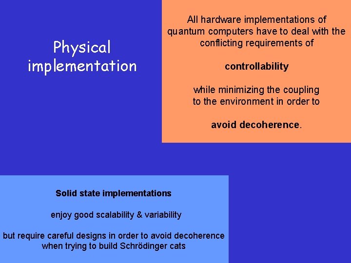 Physical implementation All hardware implementations of quantum computers have to deal with the conflicting