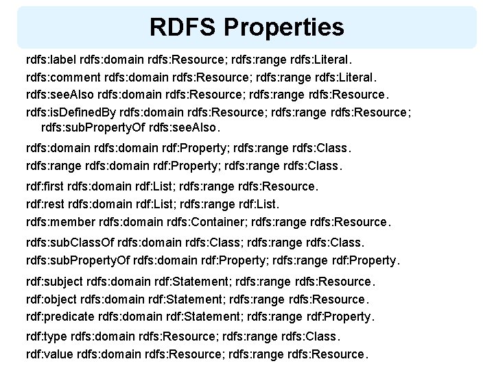 RDFS Properties rdfs: label rdfs: domain rdfs: Resource; rdfs: range rdfs: Literal. rdfs: comment