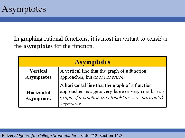 Asymptotes In graphing rational functions, it is most important to consider the asymptotes for