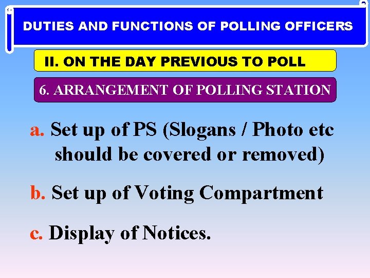 DUTIES AND FUNCTIONS OF POLLING OFFICERS II. ON THE DAY PREVIOUS TO POLL 6.
