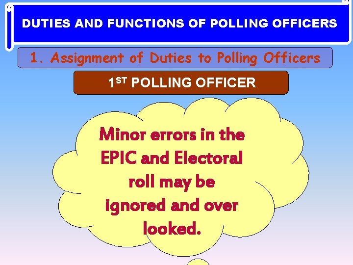 DUTIES AND FUNCTIONS OF POLLING OFFICERS 1. Assignment of Duties to Polling Officers 1