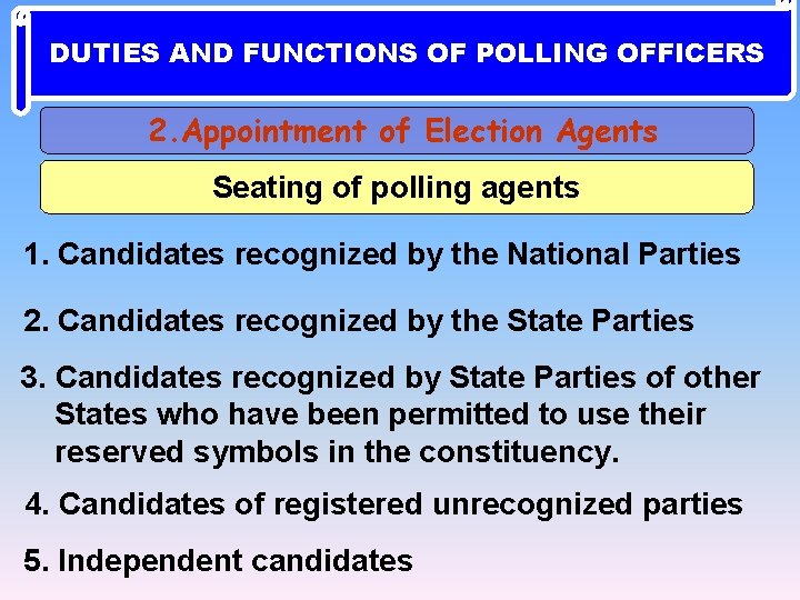DUTIES AND FUNCTIONS OF POLLING OFFICERS 2. Appointment of Election Agents Seating of polling