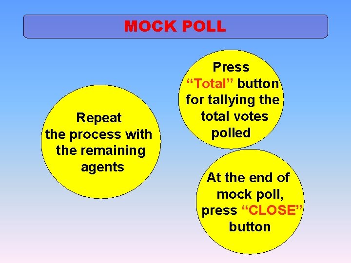 MOCK POLL Repeat the process with the remaining agents Press “Total” button for tallying