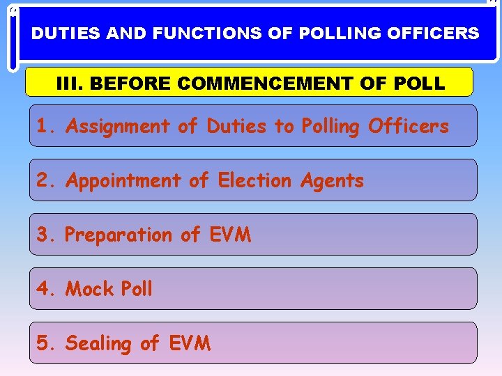 DUTIES AND FUNCTIONS OF POLLING OFFICERS III. BEFORE COMMENCEMENT OF POLL 1. Assignment of