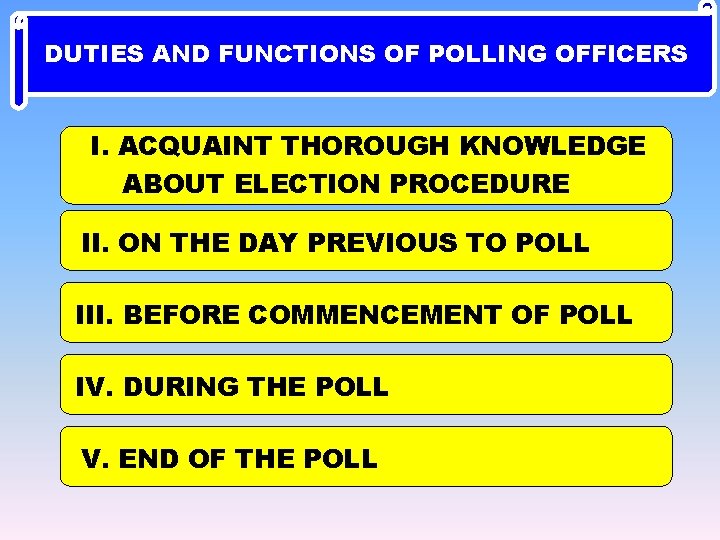 DUTIES AND FUNCTIONS OF POLLING OFFICERS I. ACQUAINT THOROUGH KNOWLEDGE ABOUT ELECTION PROCEDURE II.